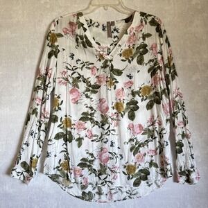 BRINA & EM Blouse Womens Large White Floral Split V Neck Long Sleeve‎ Z2U259SF